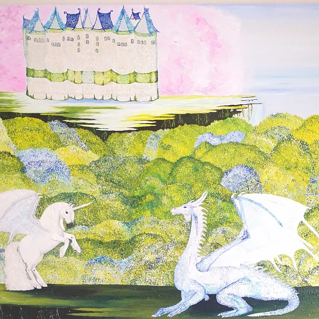 The iceblue dragon and the magical Pegasus / 90 cm x 105 cm: 25.000 kr.