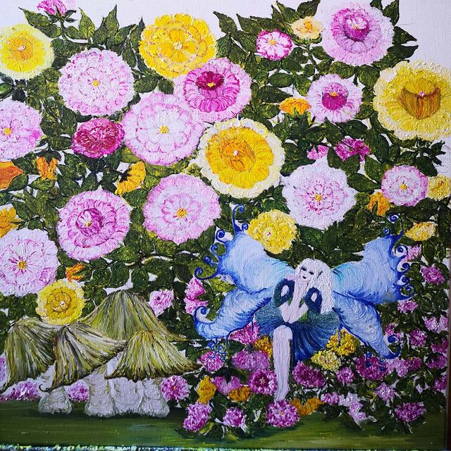 The fairy in the rose garden / 50 cm x 50 cm: Før 8.500 kr / NU 4.500 kr.